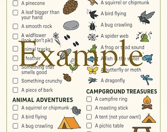 May include: A camping scavenger hunt checklist for children, with illustrations of nature finds, animal adventures, and campground treasures. Includes a pinecone, bird, spider web, and more. The text reads "Camping Scavenger Hunt for Kids."