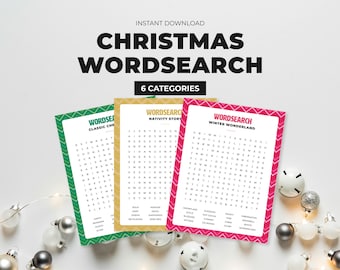 Sopa de letras navideña: juegos navideños imprimibles para toda la familia / 6 categorías divertidas / Encuentra una palabra navideña