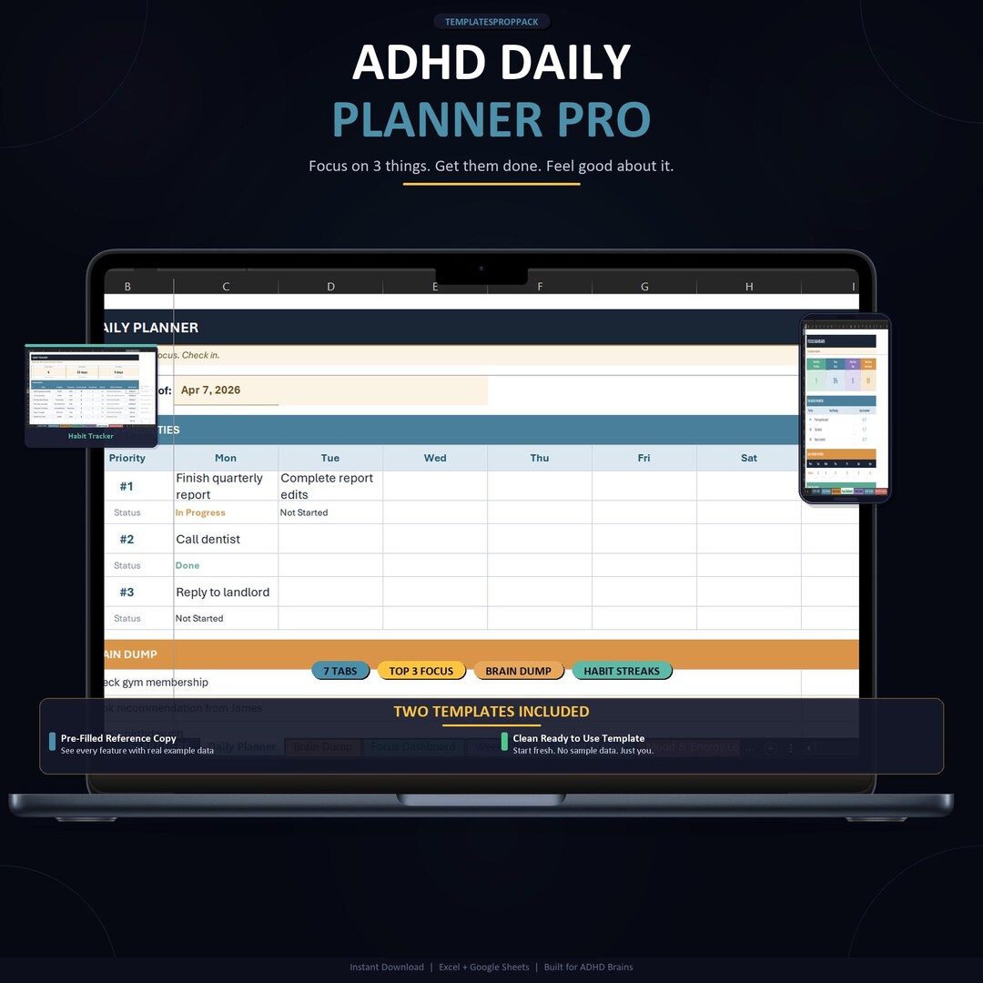 ADHD Planner Spreadsheet Google Sheets | Daily Planner Habit Tracker ...