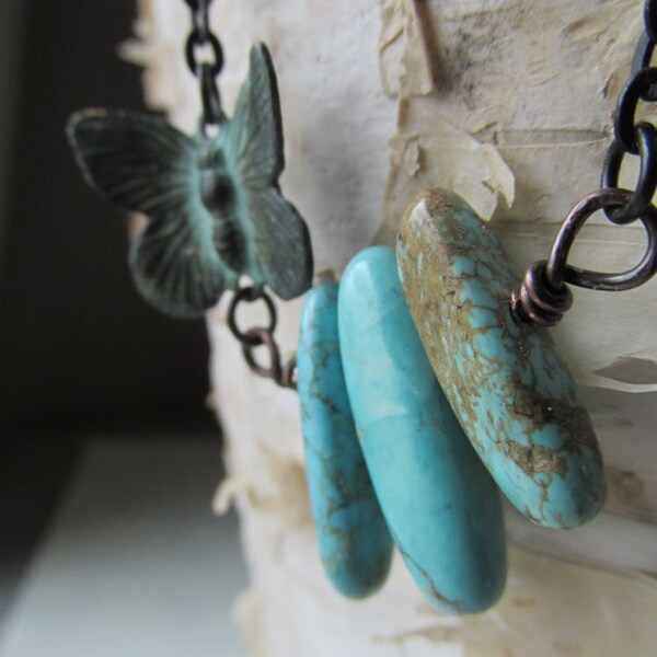 Verdigris Butterfly and Turquoise Necklace - Spring Trends - Nature Inspired - December Birthstone