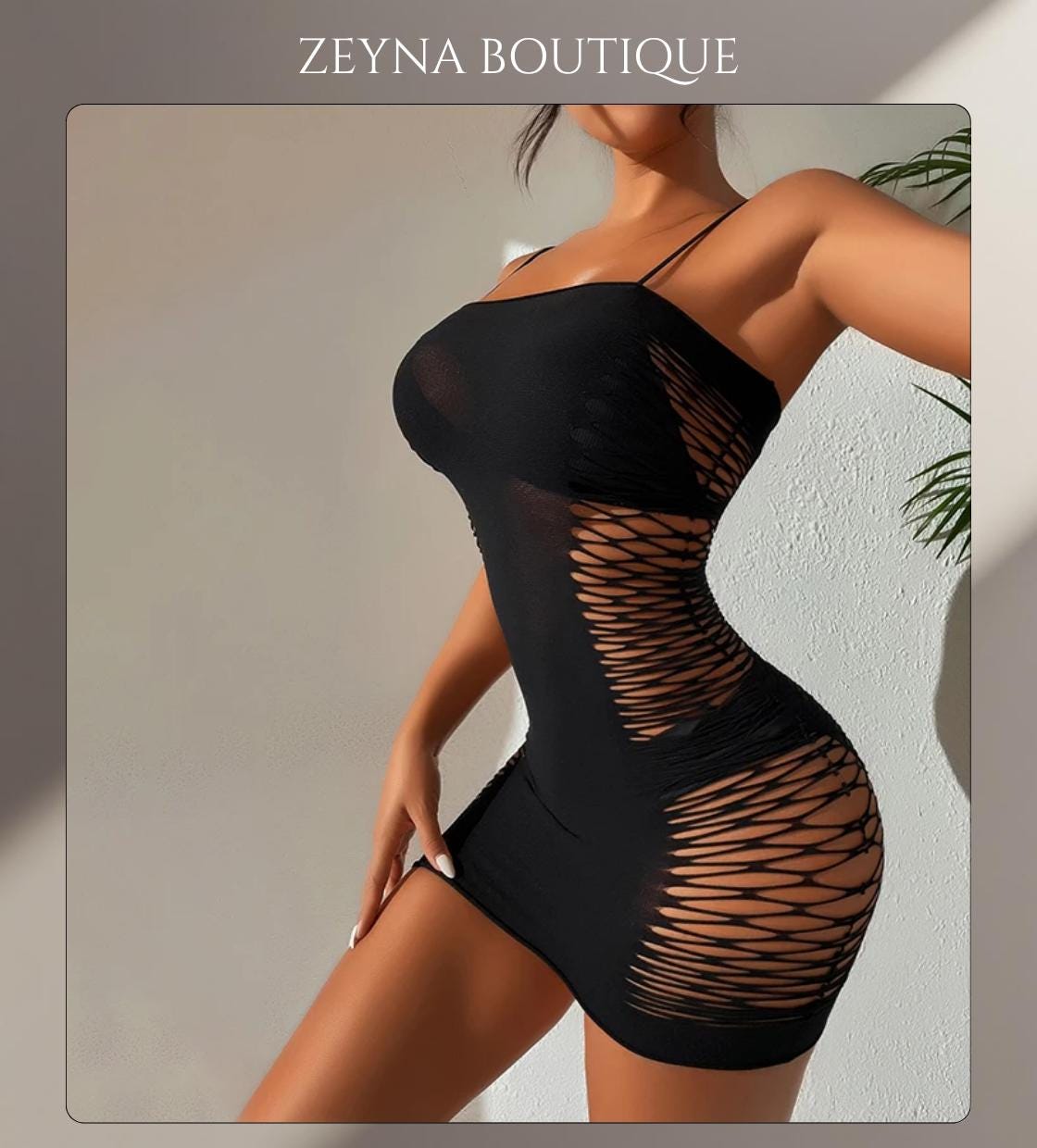 Black Cutout Mesh Bodycon Mini Dress—Sexy One Size Fishnet Party Dress, Clubwear Statement Look, Stretchy and Confident Fit