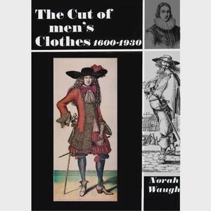 以下が含まれることがあります： 「The Cut of men's Clothes 1600-1930」からの歴史的なイラスト。歴史的な衣装を着た男性が描かれています。彼は幅広の帽子、赤いジャケット、装飾的なベストを着ています。この画像は、歴史的なファッションのイラストです。