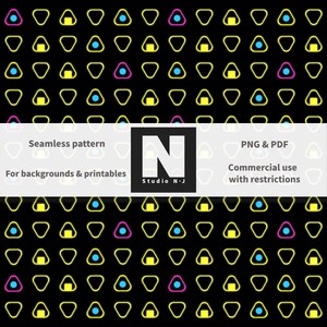 Puede incluir: Diseño de patrón sin costuras con triángulos delineados en amarillo neón repetidos, cada uno con formas azules, rosas o amarillas, sobre un fondo negro. El diseño incluye el texto "Seamless pattern", "For backgrounds & printables", "PNG & PDF" y "Commercial use with restrictions".