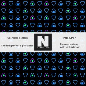 Puede incluir: Patrón sin costuras con un diseño repetitivo de formas geométricas azules, verdes y moradas sobre un fondo negro. El diseño incluye el texto "Seamless pattern", "For backgrounds & printables", "PNG & PDF" y "Commercial use with restrictions".