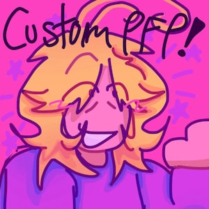 May include: A digital illustration of a smiling person with blonde hair and a purple shirt against a pink background. The text "Custom PFP!" is written in black above the person's head. Pink stars are scattered around the person.