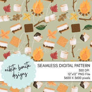 May include: A seamless digital pattern featuring campfire elements. The design includes illustrations of campfires, toasted marshmallows, s'mores, fall leaves, and graham crackers on a light green background. The pattern is 12"x12" and 3600 x 3600 pixels.