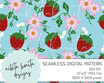 Strawberry Blossoms Seamless Pattern DIGITAL DOWNLOAD