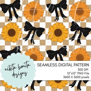 May include: A seamless digital pattern featuring sunflowers and black bows on a checkered background. The sunflowers are yellow and orange with brown centers. The bows are black. The design includes the text "nikita bonita designs".