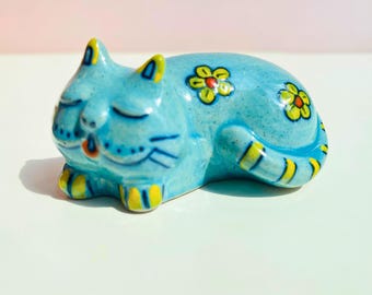 Ceramic Cat Figurine: Handmade Colorful Bat Trang Pottery Decor Gift for Cat Lovers