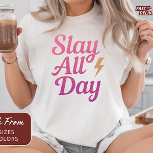 Slay All Day Glitter Graphic Tee: Pink Lightning Bolt, Trendy Crew Neck