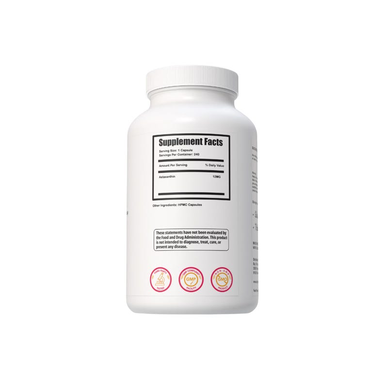 Pu&ograve; includere: Una bottiglia di integratore in plastica bianca con coperchio bianco. L'etichetta include le parole "Supplement Facts" e "Astaxantina 12MG". La bottiglia riporta anche il testo "Queste dichiarazioni non sono state valutate dalla Food and Drug Administration."