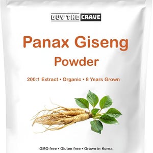 May include: White pouch of Panax Ginseng Powder. The package includes the text "BUY THE CRAVE" at the top, and "Panax Giseng Powder" in large orange letters. The package also states "200:1 Extract • Organic • 8 Years Grown". The package contains 170 grams of product.