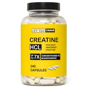 May include: A clear plastic bottle with a black lid filled with white capsules. The bottle has a bright yellow label with the text "BUY THE CRAVE", "CREATINE HCL", and "240 CAPSULES". The label also states "OUR BEST ABSORBED CREATINE".