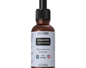 Gotas líquidas de Astaxantina infundidas com azeite de oliva extra virgem prensado a frio – 12 mg por porção – Frasco conta-gotas de 60 ml – Suporte antioxidante