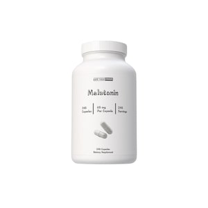 May include: White plastic bottle of Melatonin dietary supplement. The bottle has a white lid and contains 240 capsules, each with 60 mg of Melatonin. The label also indicates 240 servings. Two capsules are shown on the front.