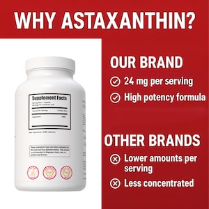 Pu&ograve; includere: Una bottiglia di integratore bianca con un'etichetta nera che mostra "Supplement Facts". Il testo "WHY ASTAXANTHIN?" &egrave; in alto. L'etichetta evidenzia "24 mg per porzione" e "Formula ad alta potenza". Lo sfondo rosso contrasta con la bottiglia bianca.