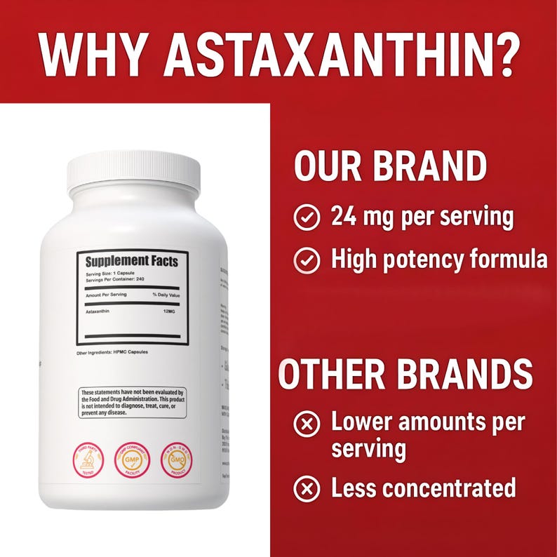 Pu&ograve; includere: Una bottiglia di integratore bianca con un'etichetta nera che mostra "Supplement Facts". Il testo "WHY ASTAXANTHIN?" &egrave; in alto. L'etichetta evidenzia "24 mg per porzione" e "Formula ad alta potenza". Lo sfondo rosso contrasta con la bottiglia bianca.