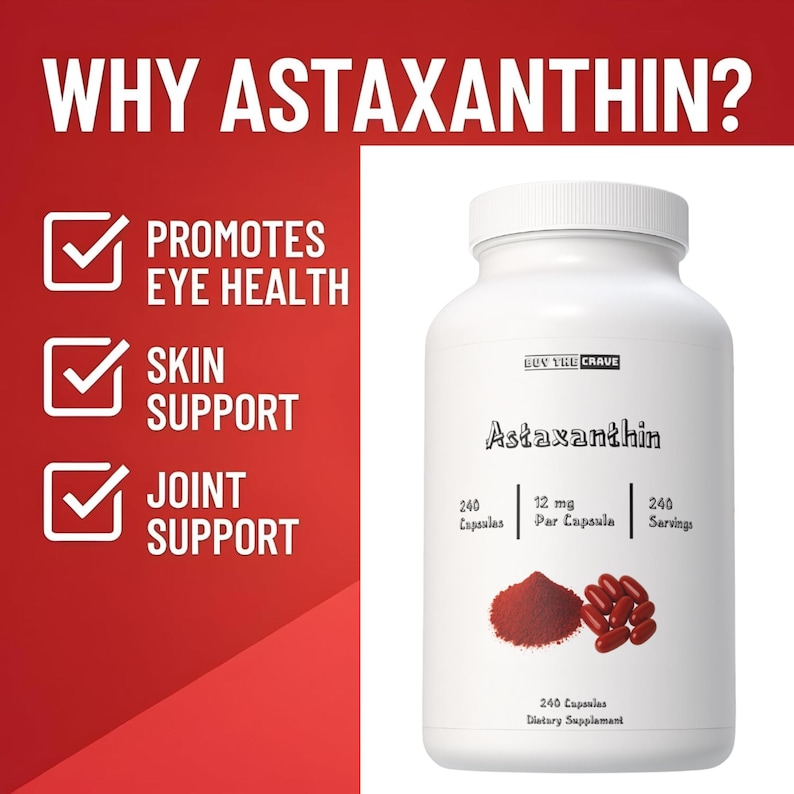 Pu&ograve; includere: Una bottiglia bianca di integratore alimentare Astaxantina su sfondo rosso. L'etichetta indica 240 capsule, 12 mg per capsula e 240 porzioni. Il testo evidenzia il supporto per occhi, pelle e articolazioni.