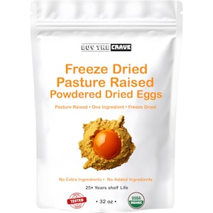 Freeze Dried Powdered Dried Eggs, Grade A Eggs, Pasture Raised, 85 Servings, MRE Food Supply, Camping, 25+ Year Shelf Life, 32 OZ
