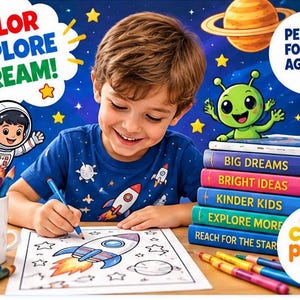 May include: A coloring activity set featuring a stack of five books titled Big Dreams, Bright Ideas, Kinder Kids, Explore More, and Reach for the Stars. Includes a white mug with the text Dream Explore Create, colored pencils, and a rocket ship drawing.