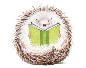 Hedgehog Reading Art Print, Literacy Illustration, Watercolor Children's Room Painting, Woodland Animal Nursery Decor, Library Art