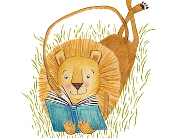 Lion Reading Art Print, Literacy Art, Lion Illustration, Reading Decor, Lion Nursery Decor, Lion Art, Jungle Animal Art, Safari Nursery Art