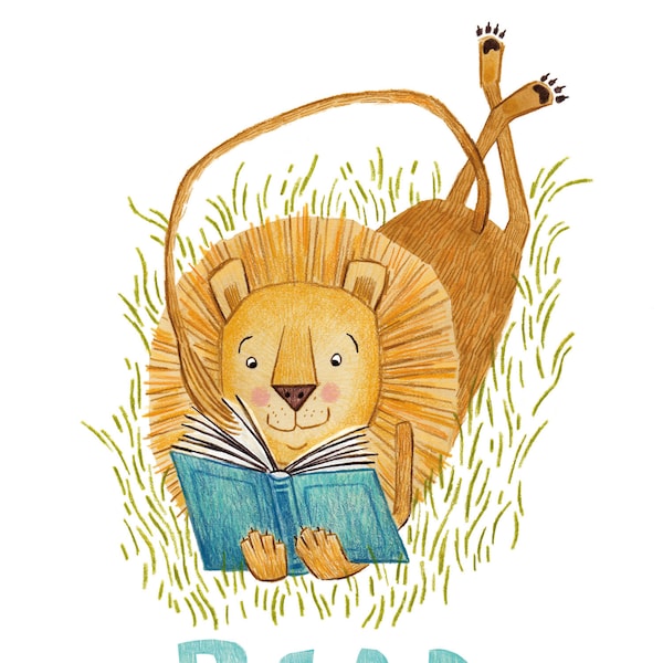 Lion Reading Art Print, Literacy Art, Lion Illustration, Reading Decor, Lion Nursery Decor, Lion Art, Jungle Animal Art, Safari Nursery Art