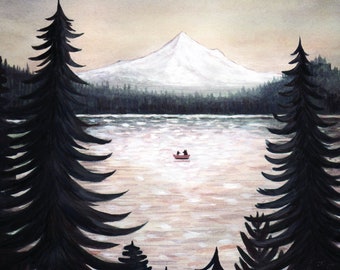 Mountain Lake Sunset Art Print, Mt. Hood Painting, Lost Lake Art, Canoe Art Print, Canoeing Illustration, Camping Wall Art, Woodland Decor