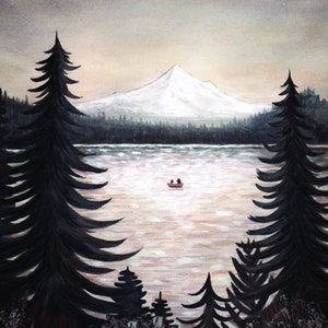 Mountain Lake Sunset Art Print, Mt. Hood Painting, Lost Lake Art, Canoe Art Print, Canoeing Illustration, Camping Wall Art, Woodland Decor