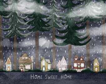 Rainy Day Art Print, Rain Illustration, Home Illustration, Cozy Art Print, Pacific Northwest Art, Rainy City Art, Forest Home Art Print