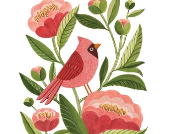 Indiana State Bird Art Print, Indiana State Flower Art Print, Indiana Peony, Cardinal Painting, Peony Art, Indiana Gift Decor, Indiana Decor