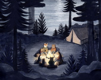 Campfire Friends Art Print, Camping Illustration, Woodland Animals Decor, Forest Nursery Decor, Nature Nursery Decor, Cozy Art Print
