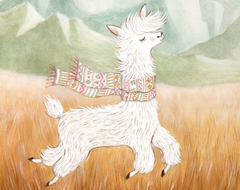 Frolicking Llama Art Print, Alpaca Art Print, Alpaca Wall Art, Mountain Animals Nursery Decor, Farm Animals Decor, Llama Kid's Room Art