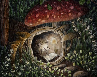 Hedgehog Reading Art Print, Forest Kid's Room Decor, Hedgehog Illustration, Woodland Nursery Decor, Hedgehog gift, Teacher Librarian Gift