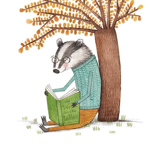 Badger Reading Under Tree Art Print, Badger Illustration, Reading Art Print, Woodland Animal Nursery Decor, Reading Nursery Art, Badger Art