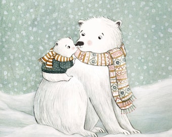 Mama and Baby Polar Bear Art Print, Baby Animal Archival Print, Animal Nursery Decor, Bear Cub Art Print, Polar Bear Gift, Polar Bear Decor