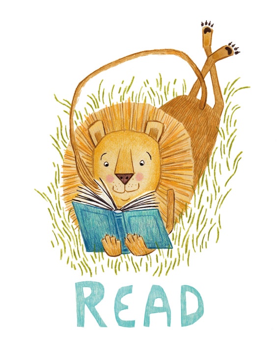 Lion Reading Art Print, Literacy Art, Lion Illustration, Reading Decor, Lion Nursery Decor, Lion Art, Jungle Animal Art, Safari Nursery Art