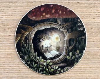 Hedgehog Sticker,  Water Resistant Vinyl Sticker, Mushroom Sticker, Reading Sticker, Hedgehog Gift, Mushroom Gift, Hedgehog Stocking Stuffer