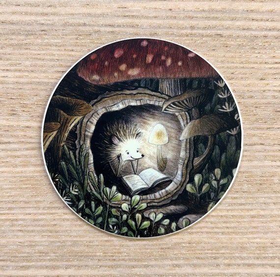 Hedgehog Sticker,  Water Resistant Vinyl Sticker, Mushroom Sticker, Reading Sticker, Hedgehog Gift, Mushroom Gift, Hedgehog Stocking Stuffer