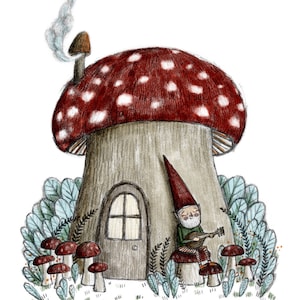 Gnome and his Toadstool Home Art Print, Woodland Decor, Whimsical Children's Room Art, Mushroom Nursery Decor, Mushroom Art, Gnome Art Print