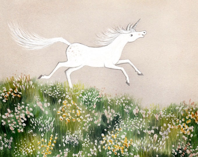 Unicorn with Wildflowers Art Print, Unicorn Illustration, Unicorn Decor, Unicorn Watercolor Painting, Unicorn Children's Room Decor