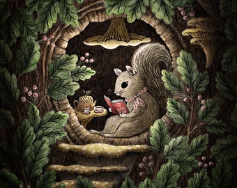 Squirrel Reading Art Print, Forest Kid's Room Decor, Squirrel Illustration, Woodland Nursery Decor, Squirrel gift, Teacher Librarian Gift