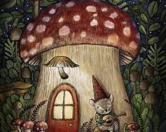 Cozy Mouse with Toadstool House Art Print, Mushroom Decor, Fantasy Woodland Nursery Decor, Hygge Decor, Christmas Decor, Forest Nursery Art