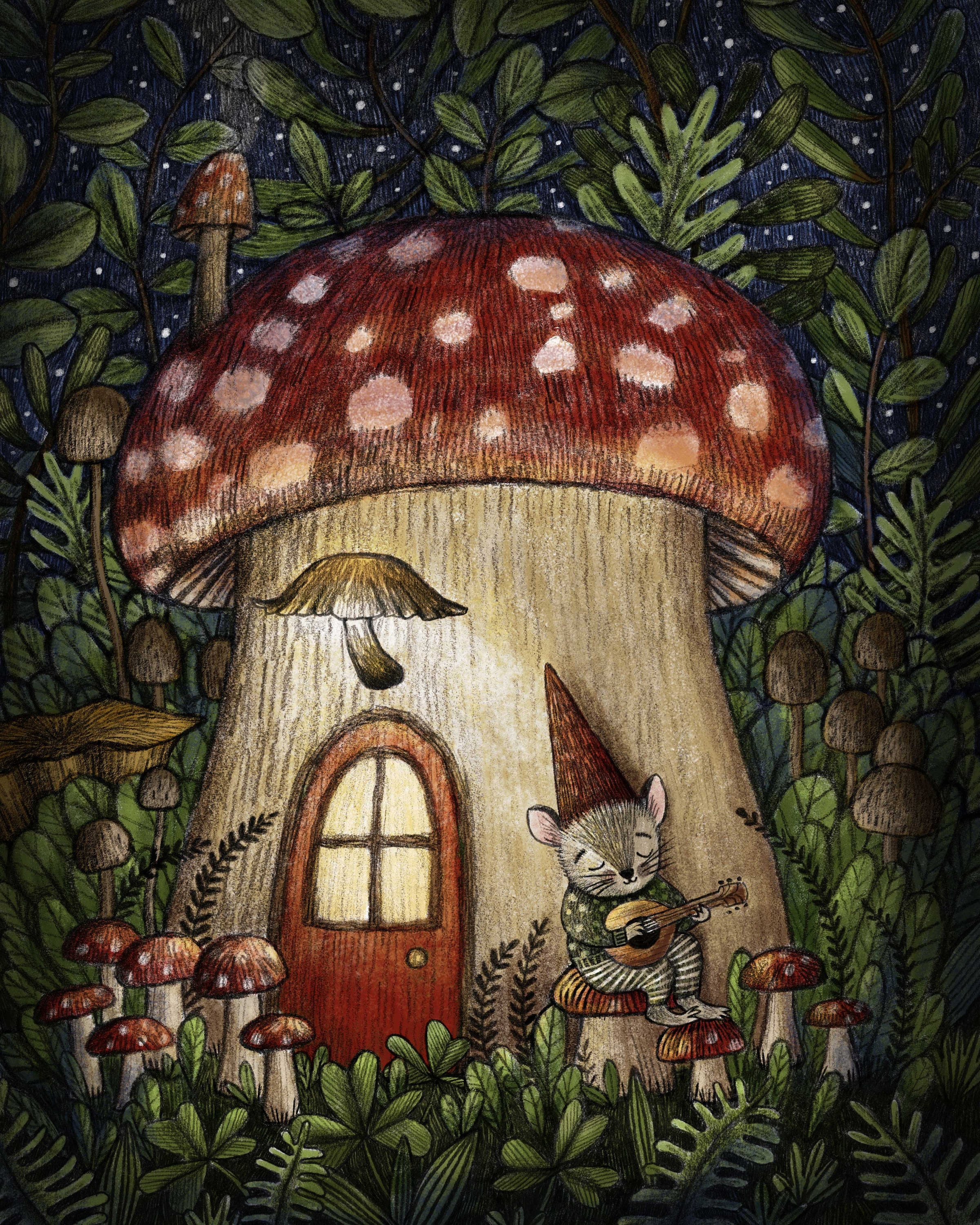 Cozy Mouse With Toadstool House Art Print, Mushroom Decor, Fantasy