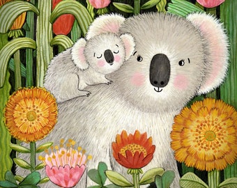 Mama and Baby Koalas Art Print, Koala Illustration, Koala Print, Koala Nursery Decor, Cute Animals Decor, Kid's Room Nature Art, Baby Koala