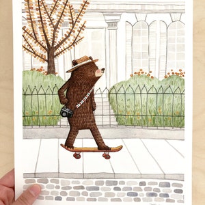 Skateboard Bear Art Print, Bear Cub Skateboarding Art, Skateboard Art, Woodland Animals Nursery Decor, Modern Nursery Art, Bear Decor image 4