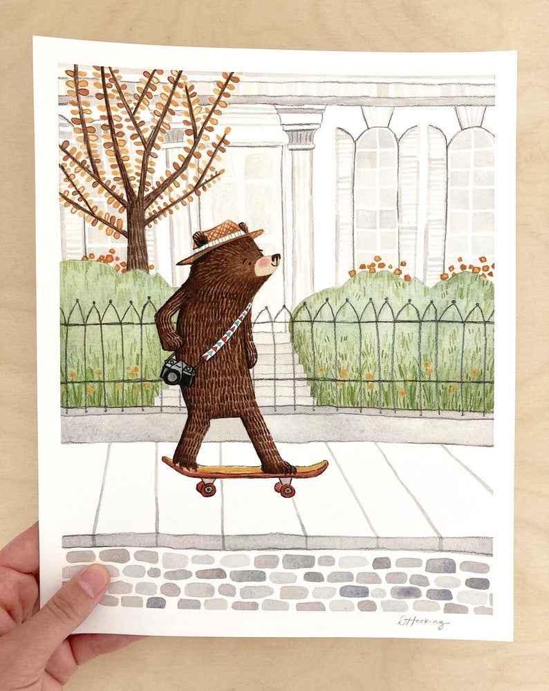 Skateboard Bear Art Print, Bear Cub Skateboarding Art, Skateboard Art, Woodland Animals Nursery Decor, Modern Nursery Art, Bear Decor image 4