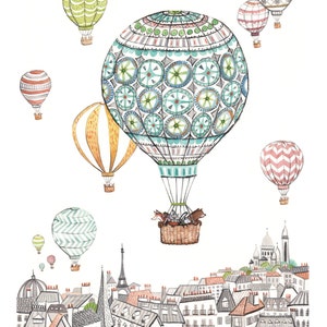 Hot Air Balloons Over Paris Art Print, Hot Air Balloons Nursery, Paris Nursery Decor, Woodland Animal Decor, Pastel Nursery Decor, Paris Art