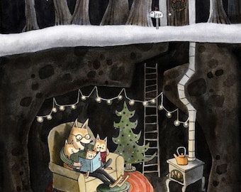 Fox Family Reading Together *HOLIDAY* Art Print, Cozy Family Christmas Art, Whimsical Woodland Nursery Decor, Hygge Decor, Christmas Decor