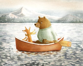 Bear and Fox Canoe Trip Art Print, Mountain Lake Sunrise Print, Mt. Hood Lost Lake Art, Woodland Animal Nursery Decor, Fox Art, Bear Art